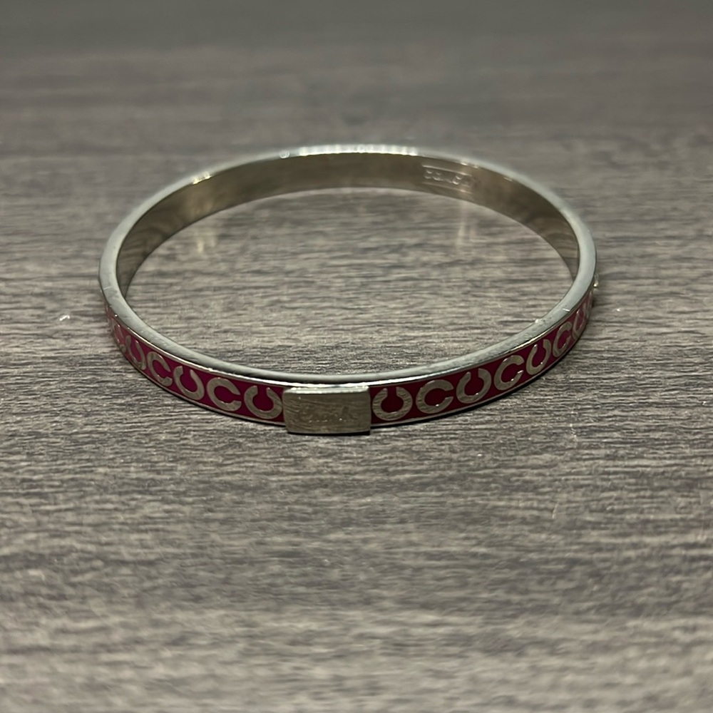Coach Silver C and Magenta Enamel Bangle Bracelet with Rhinestones
